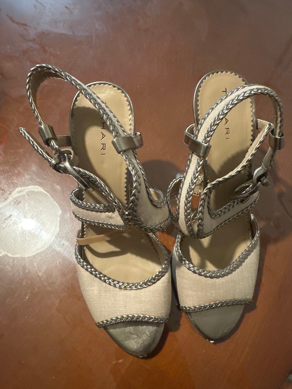 Tahari Silver Braided Leather Strappy Sandals Heels